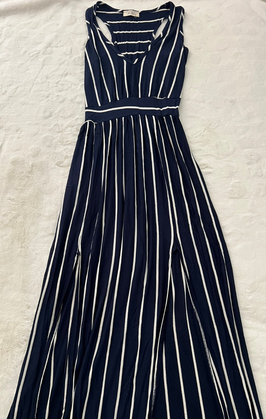 Pinc Striped Maxi Dress Blue White Womens Size M Sleeveless Tie Waist